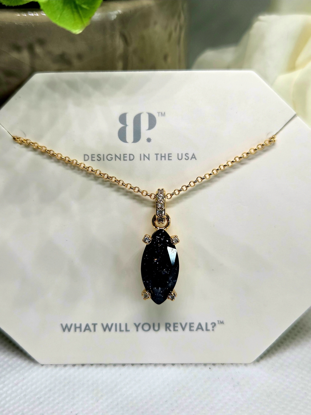 BP Gold-Tone Necklace with Black Ice Crystal Marquise Pendant